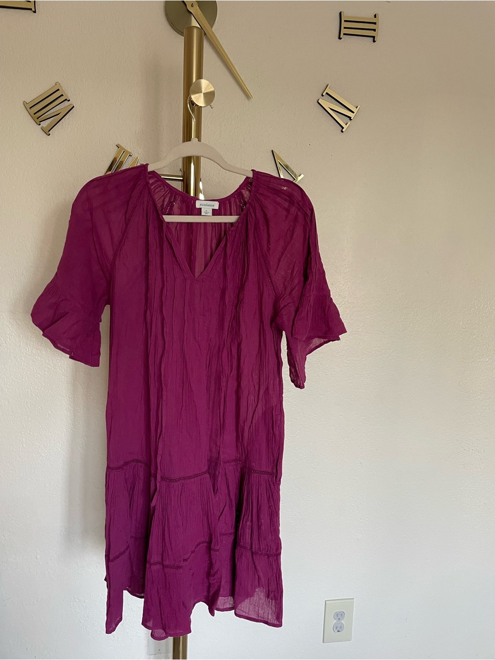 Sundance Magenta Crinkle V-Neck Mini Dress